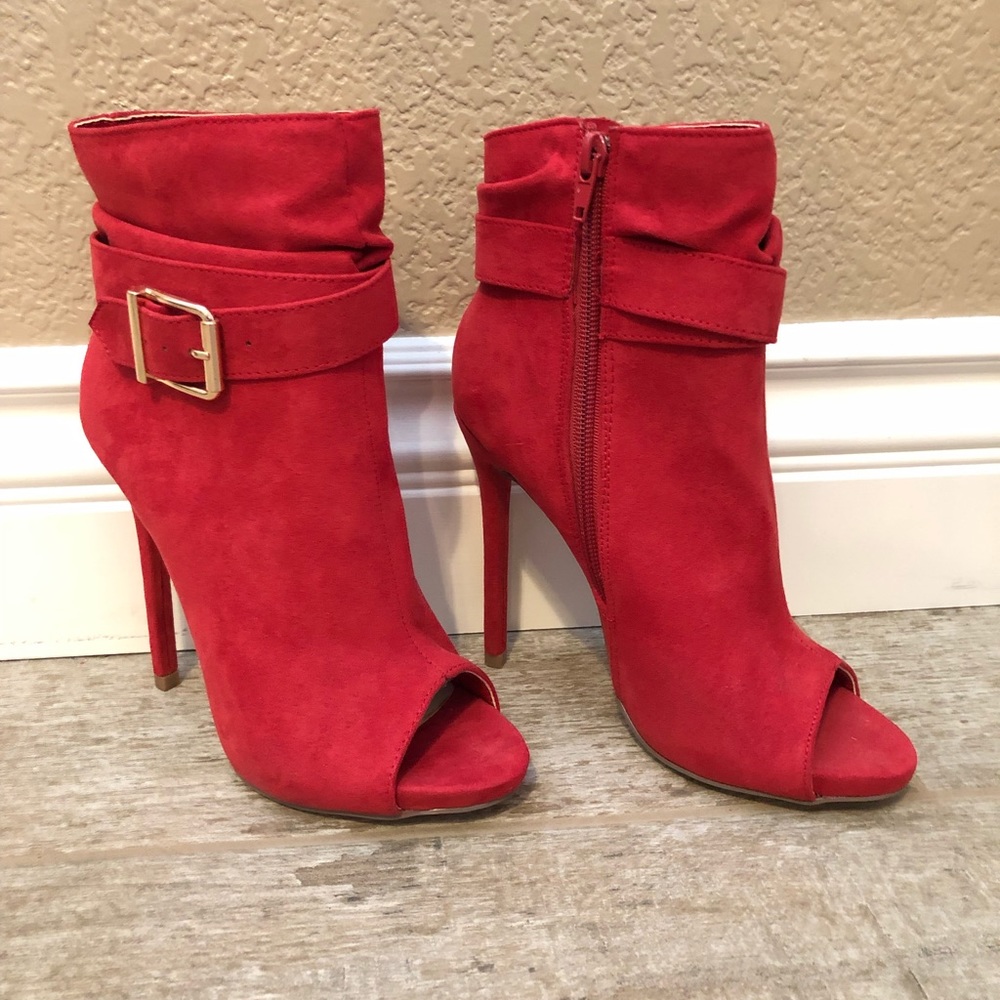 Red open toe heeled booties